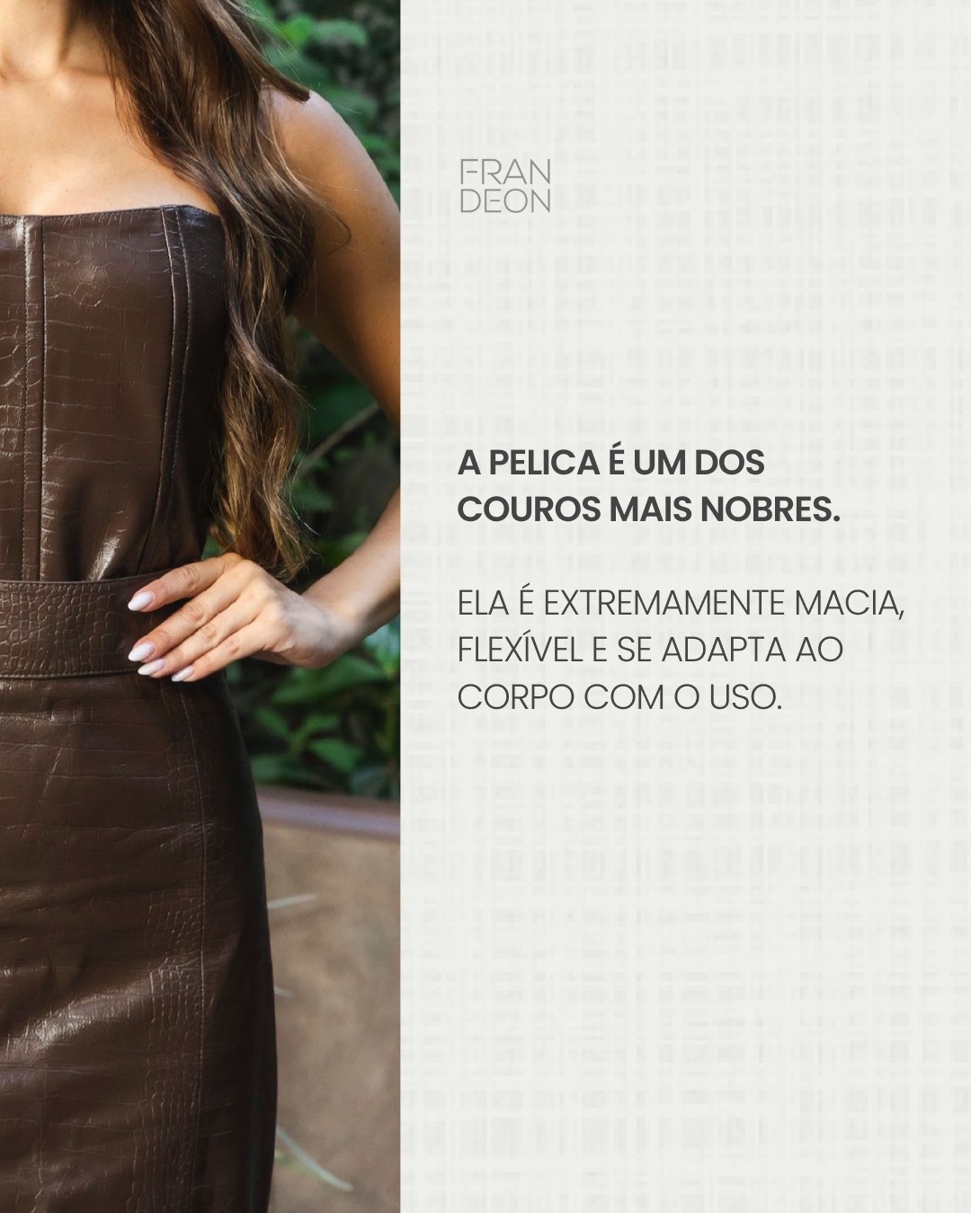 Couro legítimo é escolha consciente.
Neste post, mostramos por que a pelica 100% legítima dura anos, mantém a elegância e envelhecer com beleza, além dos cuidados essenciais para preservar sua peça impecável por muito mais tempo.
Diferente de materiais sintéticos, o couro legítimo é matéria-prima natural, não perde estrutura e se adapta ao corpo com sofisticação.
Quando você entende o valor, você cuida. Quando é legítimo, permanece.
Presença, qualidade e atemporalidade em cada detalhe