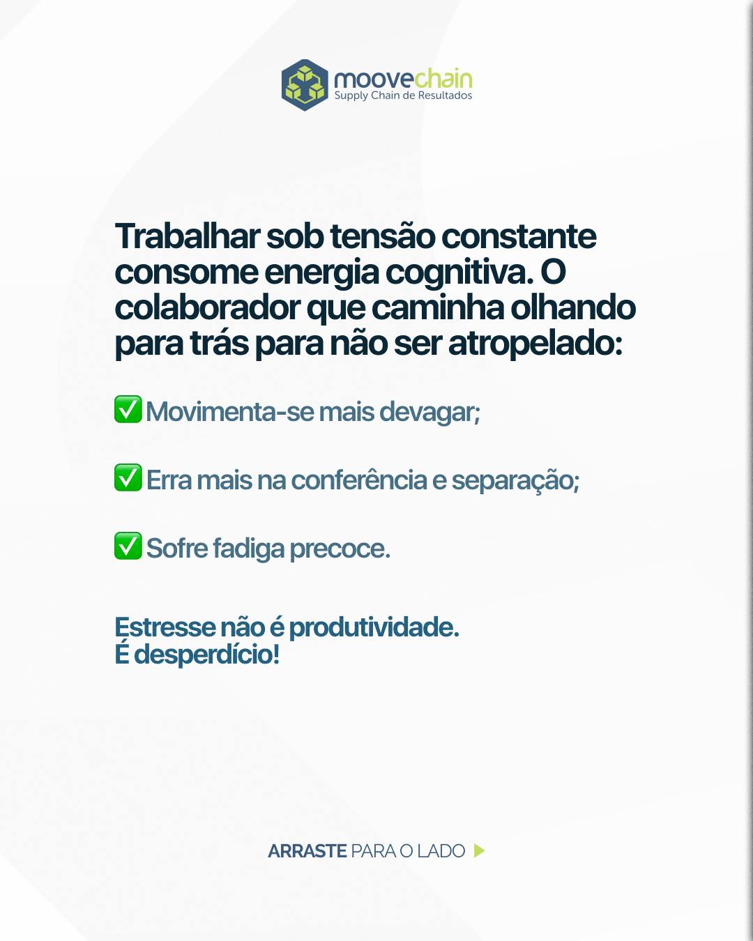 Tensão não gera produtividade. Gera acidentes. 🚜⚠️
Em armazéns onde empilhadeiras e pedestres disputam o mesmo corredor, o colaborador trabalha "vigiando as costas". Isso consome energia cognitiva, reduz o foco e aumenta os erros de separação. Segregação de fluxo com rotas exclusivas e barreiras físicas não é apenas norma de segurança, é design para alta performance. Onde há segurança viária, há tranquilidade para focar no resultado.
Veja no carrossel como aplicar na sua operação.
#SegurancaDoTrabalho #LayoutLogistico #SegregacaoDeFluxo #MooveChain
