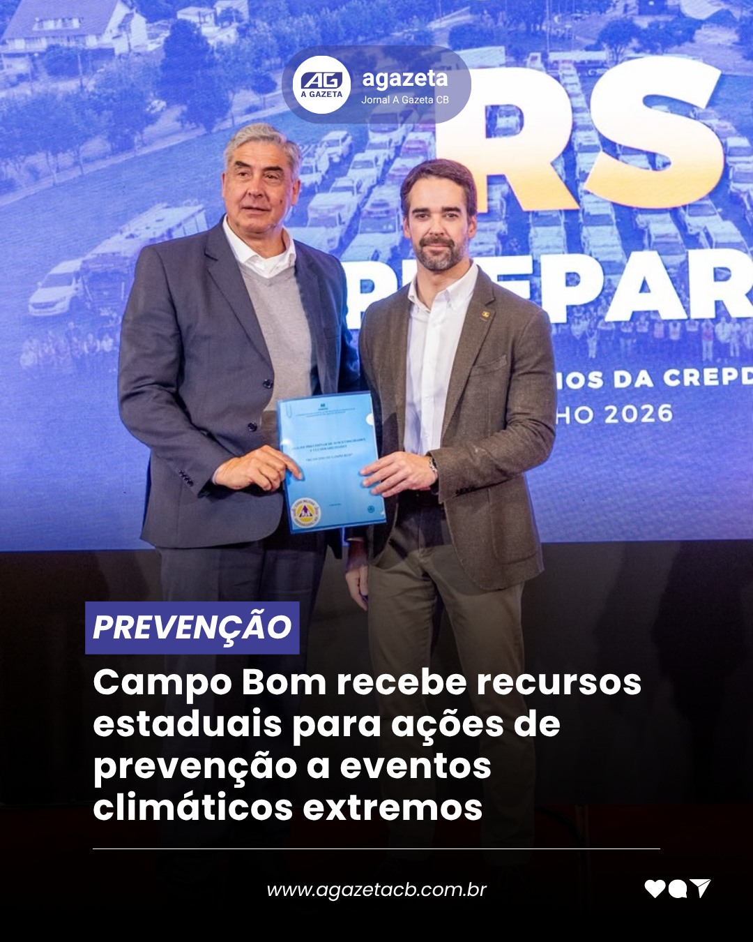 Campo Bom foi incluído entre os 141 municípios gaúchos contemplados pelo programa Fundo a Fundo – Preparação e Mitigação, iniciativa do Governo do Estado voltada ao fortalecimento da capacidade de resposta das cidades diante de eventos climáticos extremos. O anúncio ocorreu nesta quarta-feira (17), durante o lançamento de novas ações do programa RS Tá Preparado, em Porto Alegre.
Representaram o município no evento o prefeito Giovani Feltes e o secretário de Desenvolvimento Social e Habitação, Gabriel Colissi. Pelo critério populacional, Campo Bom foi enquadrado na Faixa 3, destinada a municípios com mais de 50 mil habitantes, garantindo o repasse de R$ 300 mil para investimentos em ações preventivas, infraestrutura e preparação para situações de emergência.
Segundo informações divulgadas pelo Estado, os recursos poderão ser utilizados em medidas de mitigação de riscos e fortalecimento da estrutura municipal para atuação em cenários adversos, ampliando a capacidade de prevenção e resposta da cidade.
Além da participação no programa estadual, Campo Bom também está trabalhando na atualização de seu Plano de Contingência, documento que estabelece protocolos, responsabilidades e estratégias de atuação em casos de emergências e desastres naturais.
Também na quarta-feira (17), o coordenador da Defesa Civil de Campo Bom, Jarbas Bilhar, participou de uma reunião técnica promovida pela Procuradoria-Geral de Justiça para discutir a atualização do Plano Metropolitano de Proteção Contra as Cheias.
O encontro reuniu representantes de municípios da Região Hidrográfica do Lago Guaíba e teve como foco a análise de medidas estruturais e estratégias de prevenção, especialmente após os eventos climáticos que atingiram o Rio Grande do Sul nos últimos anos.
A participação do município integra as ações de acompanhamento e articulação regional voltadas à prevenção de desastres e à proteção da população diante de possíveis eventos climáticos extremos.
MAIS NOTÍCIAS EM: www.agazetacb.com.br (LINK NA BIO) Campo Bom foi incluído entre os 141 municípios gaúchos contemplados pelo programa Fundo a Fundo – Preparação e Mitigação, iniciativa do Governo do Estado voltada ao fortalecimento da capacidade de resposta das cidades diante de eventos climáticos extremos. O anúncio ocorreu nesta quarta-feira (17), durante o lançamento de novas ações do programa RS Tá Preparado, em Porto Alegre.
Representaram o município no evento o prefeito Giovani Feltes e o secretário de Desenvolvimento Social e Habitação, Gabriel Colissi. Pelo critério populacional, Campo Bom foi enquadrado na Faixa 3, destinada a municípios com mais de 50 mil habitantes, garantindo o repasse de R$ 300 mil para investimentos em ações preventivas, infraestrutura e preparação para situações de emergência.
Segundo informações divulgadas pelo Estado, os recursos poderão ser utilizados em medidas de mitigação de riscos e fortalecimento da estrutura municipal para atuação em cenários adversos, ampliando a capacidade de prevenção e resposta da cidade.
Além da participação no programa estadual, Campo Bom também está trabalhando na atualização de seu Plano de Contingência, documento que estabelece protocolos, responsabilidades e estratégias de atuação em casos de emergências e desastres naturais.
Também na quarta-feira (17), o coordenador da Defesa Civil de Campo Bom, Jarbas Bilhar, participou de uma reunião técnica promovida pela Procuradoria-Geral de Justiça para discutir a atualização do Plano Metropolitano de Proteção Contra as Cheias.
O encontro reuniu representantes de municípios da Região Hidrográfica do Lago Guaíba e teve como foco a análise de medidas estruturais e estratégias de prevenção, especialmente após os eventos climáticos que atingiram o Rio Grande do Sul nos últimos anos.
A participação do município integra as ações de acompanhamento e articulação regional voltadas à prevenção de desastres e à proteção da população diante de possíveis eventos climáticos extremos.
MAIS NOTÍCIAS EM: www.agazetacb.com.br (LINK NA BIO)