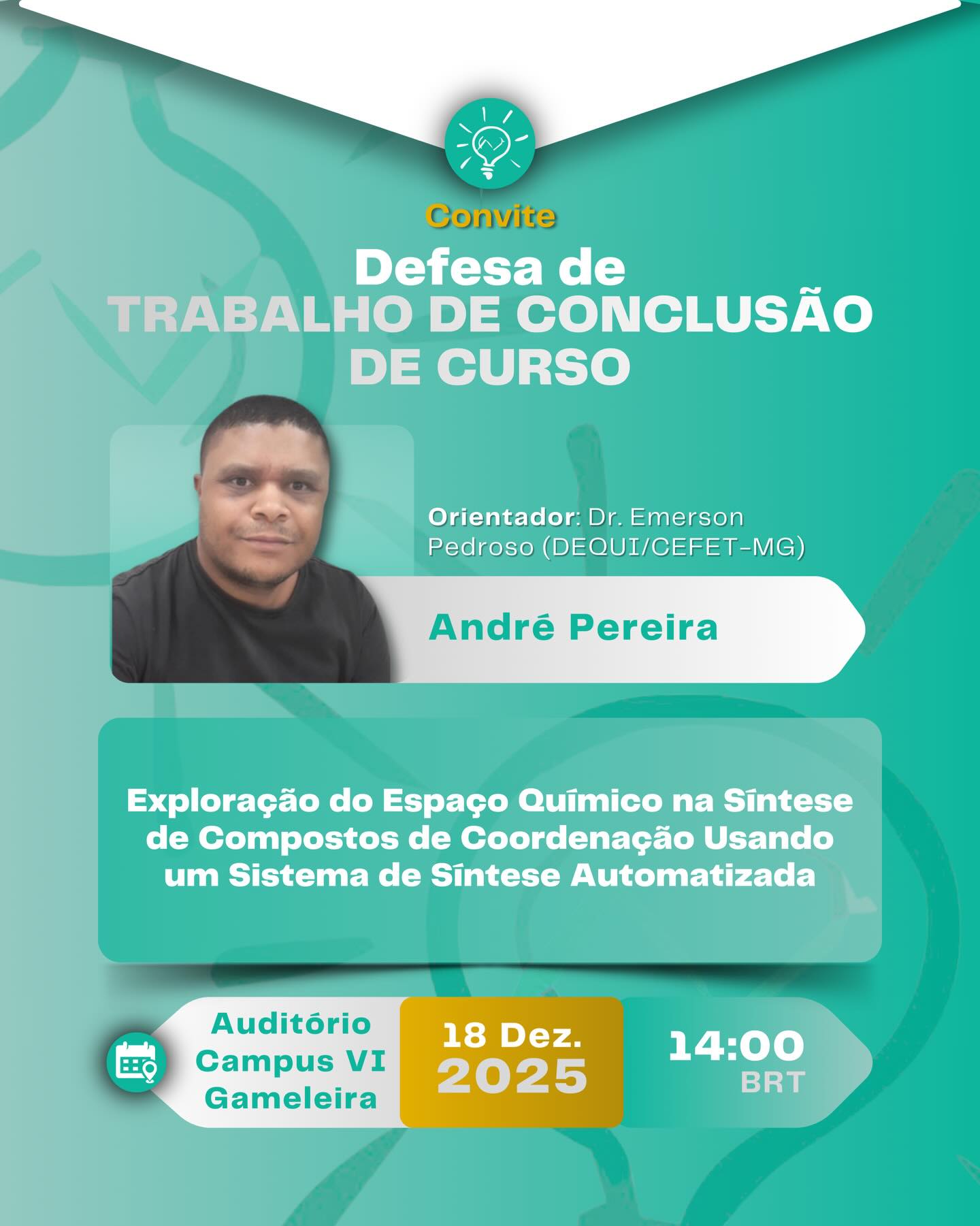 Hoje inicia-se a Semana de Apresentação dos Trabalhos de Conclusão de Curso do curso de Química Tecnológica, e o Intechlab irá marcar presença no evento! ✅
Como parte da programação especial de abertura, o nosso aluno Samuel Costa irá apresentar o seu trabalho desenvolvido em parceria com o Instituto Politécnico de Bragança, em Portugal, onde realizou intercâmbio. 📌🌍
Posteriormente, os dois alunos Saulo Ramos e André Pereira irão apresentar seus trabalhos desenvolvidos e orientados em nosso laboratório. 🧪📝
Parabéns aos envolvidos e sucesso nesta nova jornada profissional! ✨👏🏻🚀
#tcc #cefetmg #quimicatecnologica