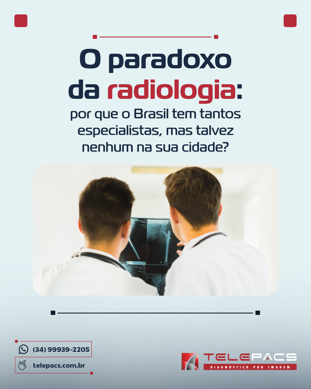 O Brasil é um gigante em formação de radiologistas, mas enfrenta um paradoxo: enquanto temos mais de 20 mil especialistas, muitos hospitais ainda lutam para encontrar profissionais disponíveis, especialmente em cidades do interior. O que está acontecendo?
A desigualdade na distribuição desses talentos é alarmante! Enquanto o Distrito Federal conta com 25,6 radiologistas para cada 100 mil habitantes, o Acre tem apenas 3,5. Isso significa que, em regiões onde há equipamentos de qualidade, a falta de laudos rápidos pode comprometer o atendimento e a credibilidade das clínicas.
É aqui que a telerradiologia entra em cena! Com a tecnologia, podemos conectar hospitais de qualquer lugar do Brasil a uma equipe de radiologistas subespecializados, garantindo laudos em minutos—fundamental em casos de urgência!
Na Telepacs, não apenas oferecemos uma solução ágil e segura, mas também operamos 24 horas, garantindo que sua clínica ou hospital tenha suporte contínuo e laudos de qualidade, tudo dentro da conformidade da LGPD.
Esse é o futuro da radiologia! Não se trata de falta de especialistas, mas de como conectá-los ao que realmente importa: o atendimento ao paciente.
Acesse nosso Blog abaixo ou link na bio e saiba mais!
📲 (34) 99939-2205
🌐 telepacs.com.br
#Telerradiologia #Radiologia #Saúde #Inovação #Telepacs