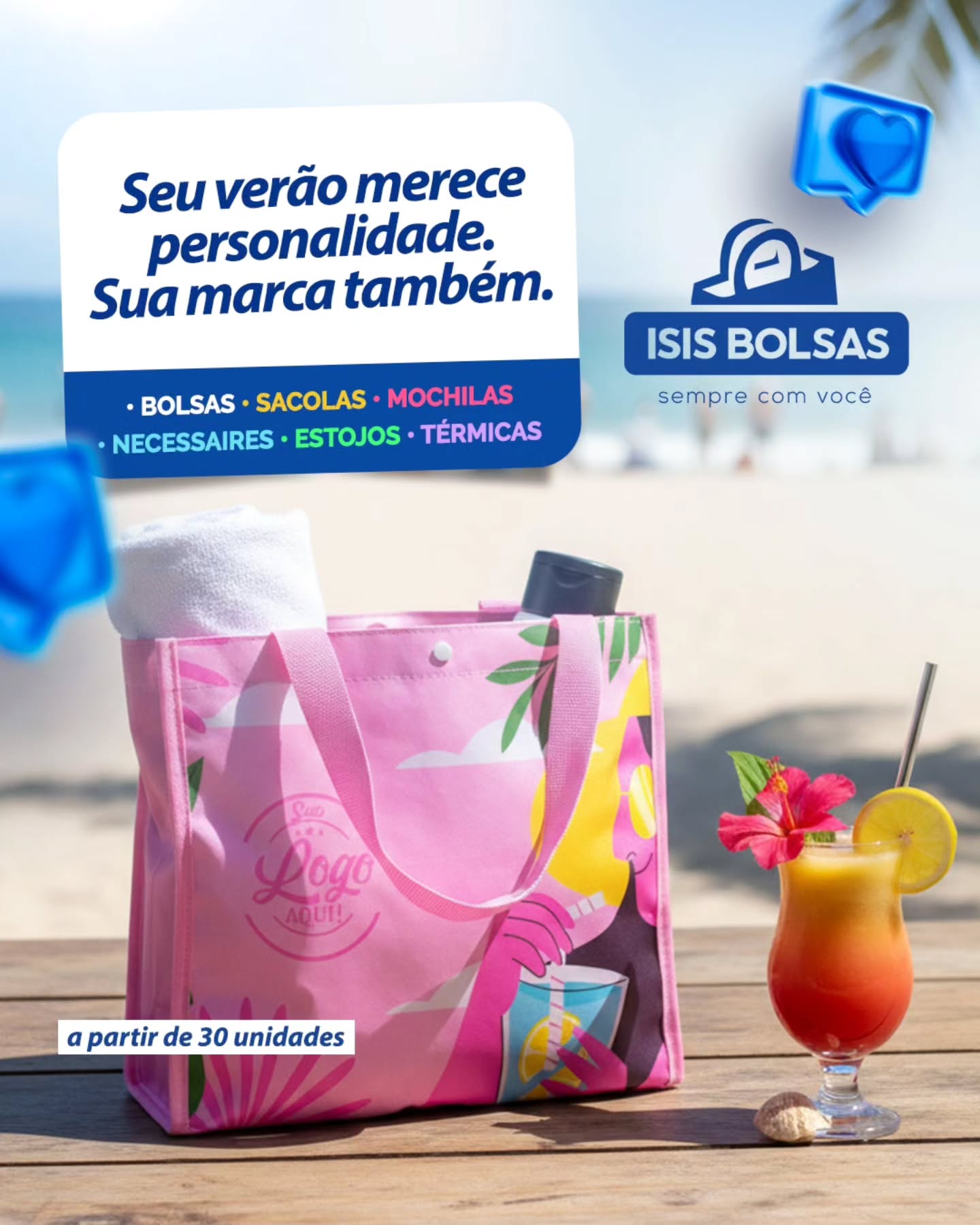 Seu verão pede cor, leveza e personalidade ☀️👜
E a sua marca pode acompanhar cada momento.
Bolsas personalizadas que unem estilo, funcionalidade e visibilidade, perfeitas para ações de verão, brindes corporativos, eventos e ativações de marca 🌴✨
Produzimos bolsas, sacolas, mochilas, nécessaires, estojos e térmicas, tudo do seu jeito, com cuidado em cada detalhe — como a sua marca merece.
📦 Pedido mínimo: a partir de 30 unidades
💬 Fale com a Isis Bolsas e leve sua marca para onde o verão acontece.
