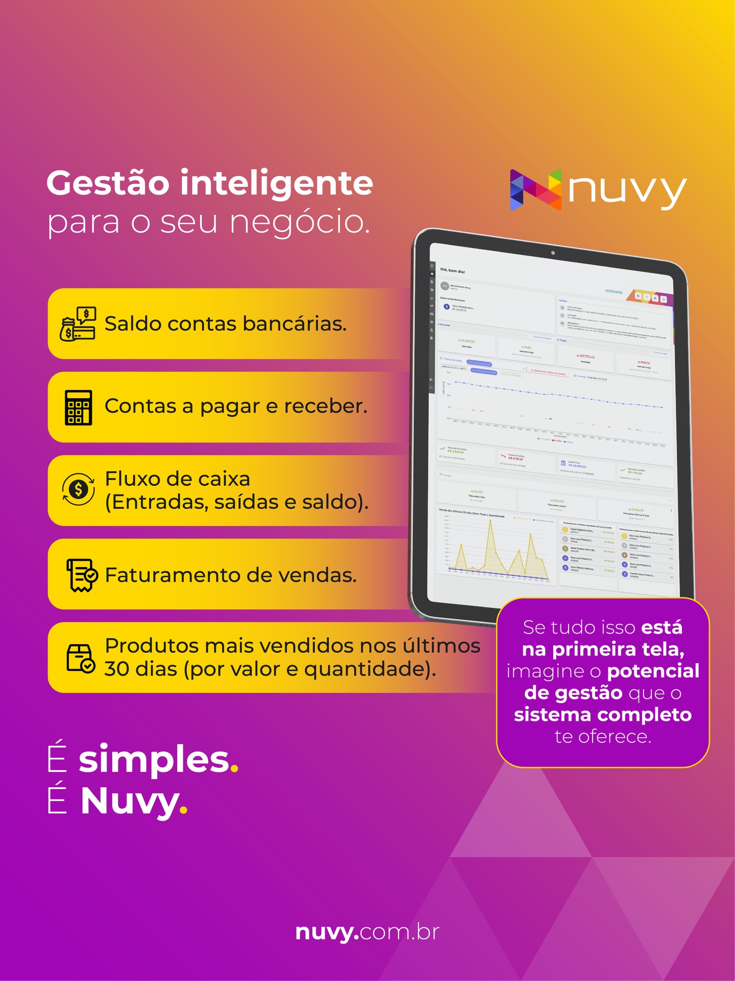 No Nuvy ERP, a praticidade começa na tela inicial: dados essenciais do seu negócio, em tempo real, para acessar de onde você estiver. Em uma única visão, acompanhe saldos, contas a pagar e receber, fluxo de caixa, vendas, produtos mais vendidos e muito mais.
Se já é assim desde o início, imagine o sistema completo.
🎊😜 Nada melhor do que cair na folia com a tranquilidade de saber que sua gestão está 100% sob controle.
Teste grátis - link na bio!
#NuvyERP #GestãoFinanceira #Empreendedorismo #SistemaERP