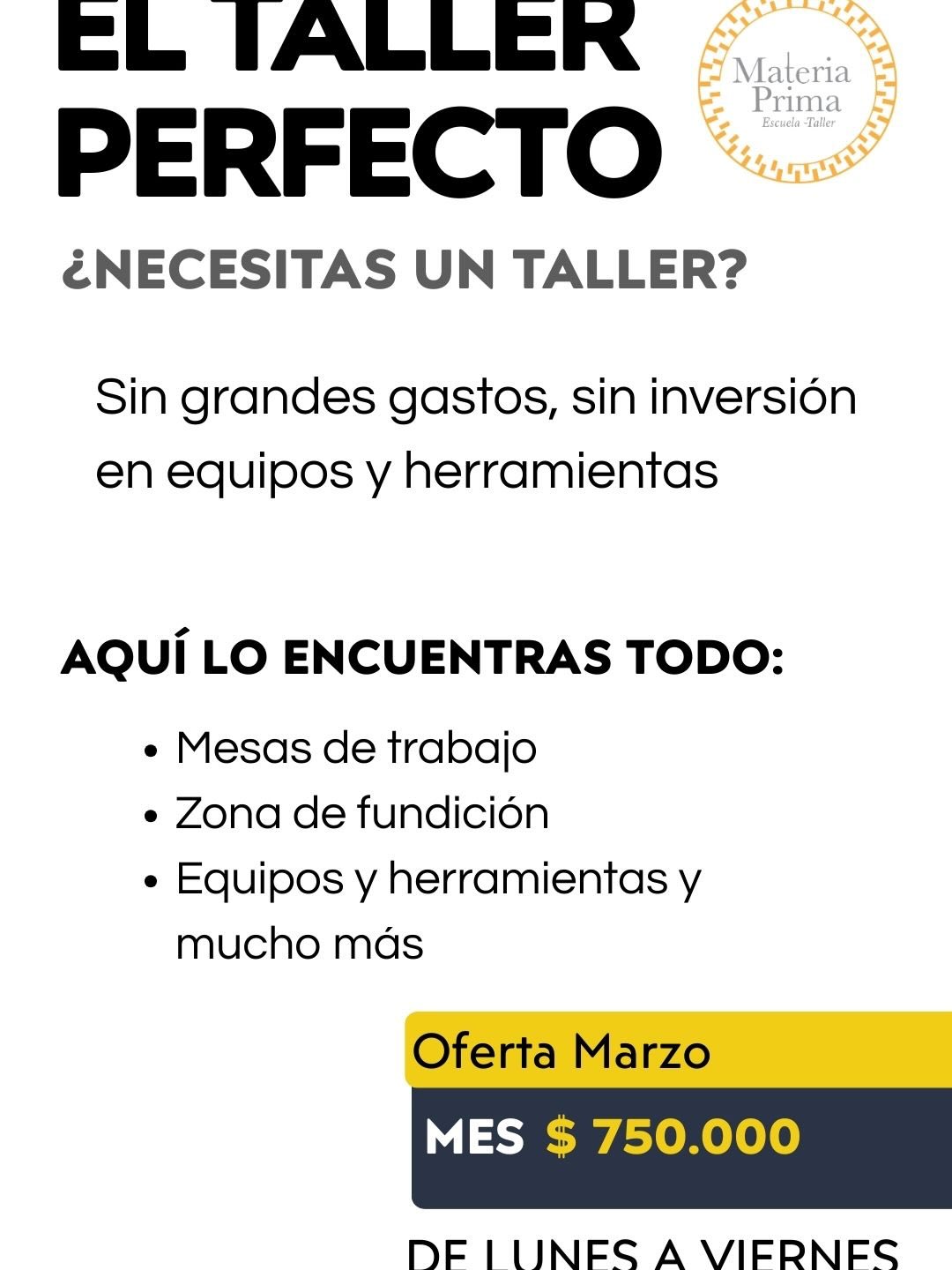 ¿Eres joyero y necesitas un espacio completamente equipado para trabajar en su propio proyecto.
En @materia_prima_escuela_joyeria, en Bogotá, te ofrecemos alquiler de taller de joyería ideal para todos los joyeros que buscan un lugar adecuado para producir, diseñar y desarrollar sus ideas.
✨ Incluye:
Mesas de trabajo individuales
Uso de equipos y herramientas especializadas
Espacio amplio y adecuado para procesos de joyería
Zona de cafetería
⚠️ No incluye uso de hornos.
🕘 Horario:
Lunes a viernes de 9:00 a.m. a 4:00 p.m.
🕓 ¡precio especial mes de marzo!
💰 $750.000 el mes
Aprovecha esta oportunidad para trabajar en un espacio profesional, compartir con otros joyeros y potenciar tu producción.
📩 Escríbenos para más información y reserva tu cupo. ¡Los espacios son limitados!