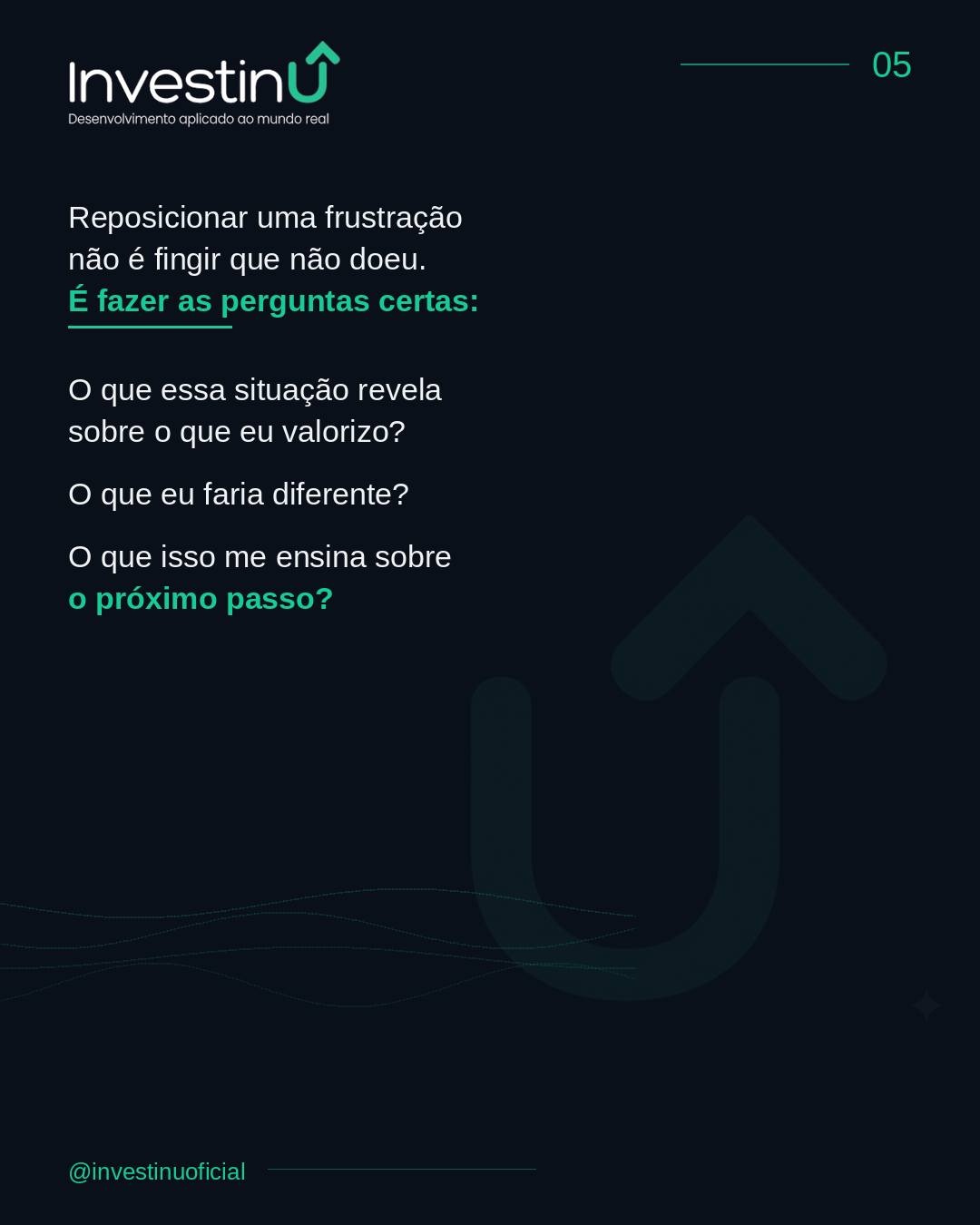 Existe uma diferença entre carregar uma frustração e processar uma frustração.Carregar é deixar o peso lá, sem mexer, sem examinar, esperando que o tempo resolva.Processar é fazer as perguntas difíceis — e extrair o que aquilo tem a ensinar.Não existe trajetória séria sem frustrações no caminho. Existe quem aprende com elas e quem repete os mesmos padrões com cenários diferentes.#Investinu #DesenvolvimentoPessoal #Autoconhecimento #Carreira #InteligenciaEmocional #Resiliencia