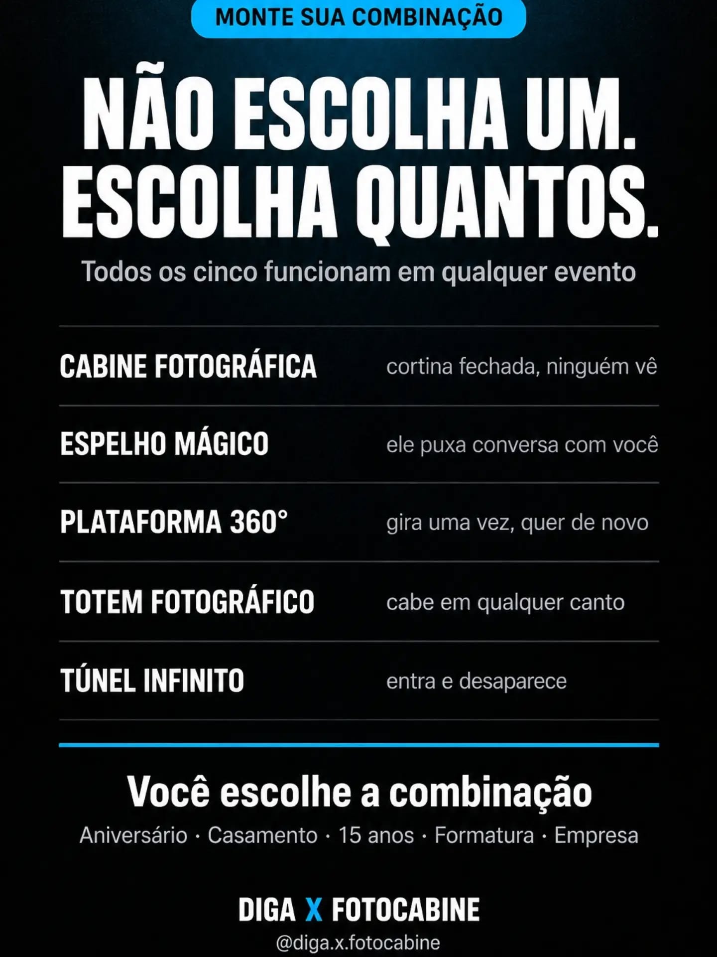 Cinco equipamentos, cinco experiências diferentes. Você escolhe quantas quer na mesma festa.A ....